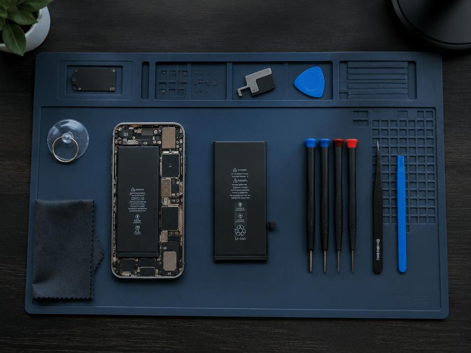 Bancada técnica com celular aberto, bateria e ferramentas